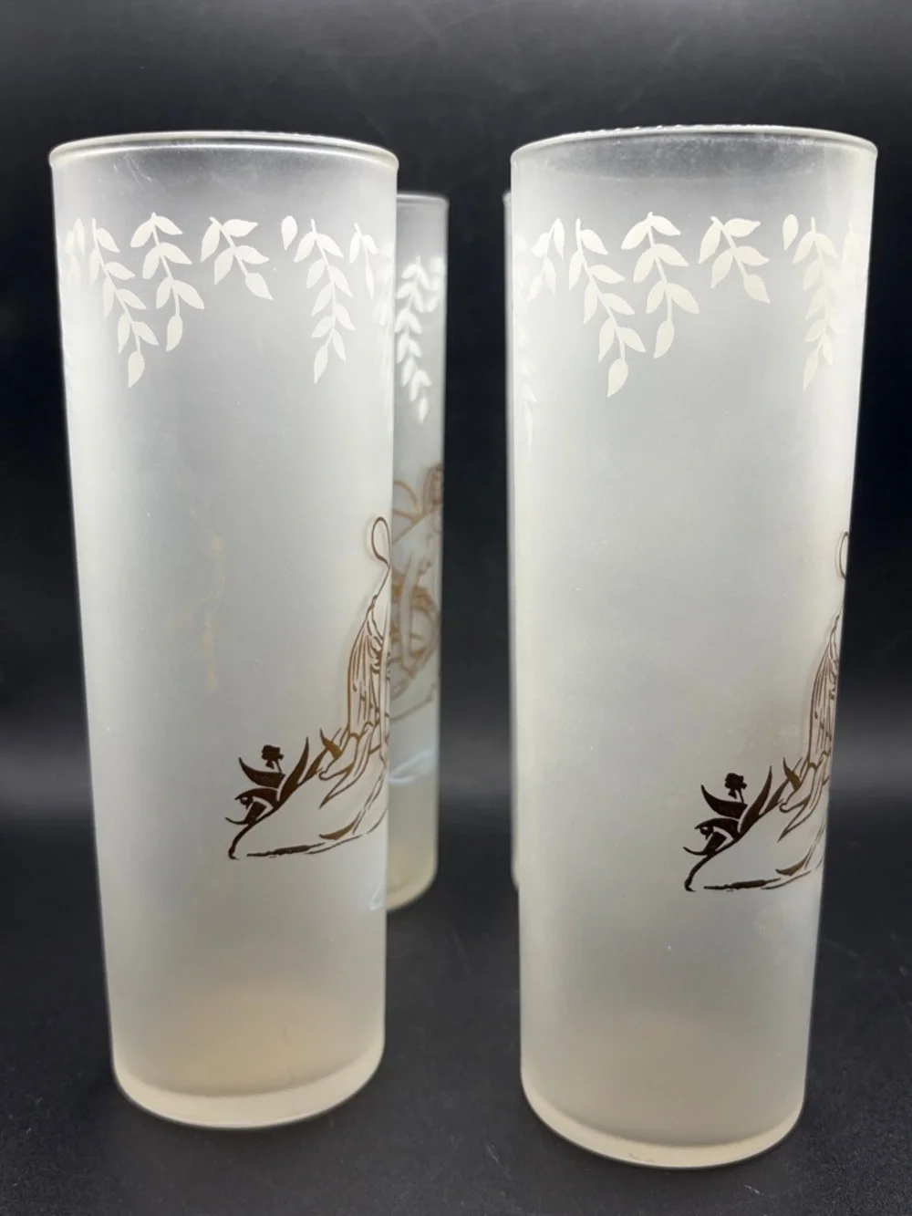 4 Vintage Libbey Fairy Pixie Nymph Frosted Highball Cocktail Glasses Barware
